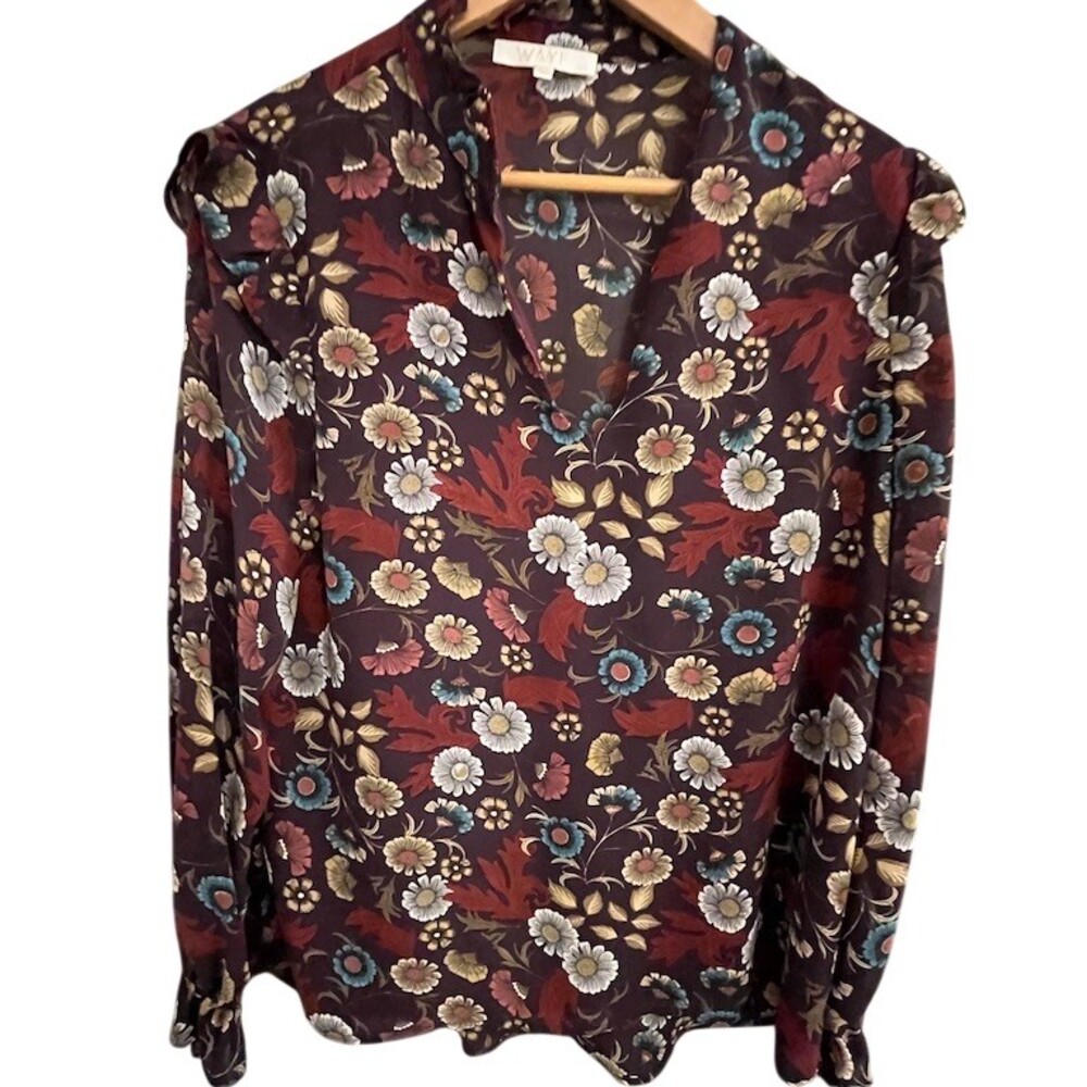 WAYF Blouse Womens Size M Floral V-Neck Long Sleeve Ruffle Shoulder Boho